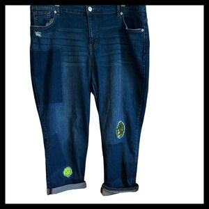 LOGO Lori Goldstein Smiley World Boyfriend Jeans Distressed Patches Embellished